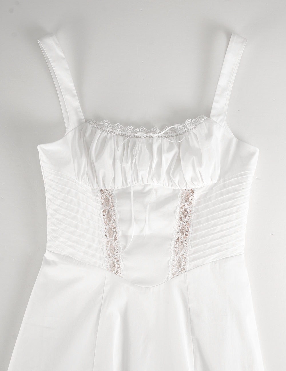 Ladies White Lace Trim Ruched Bust Midi Dress