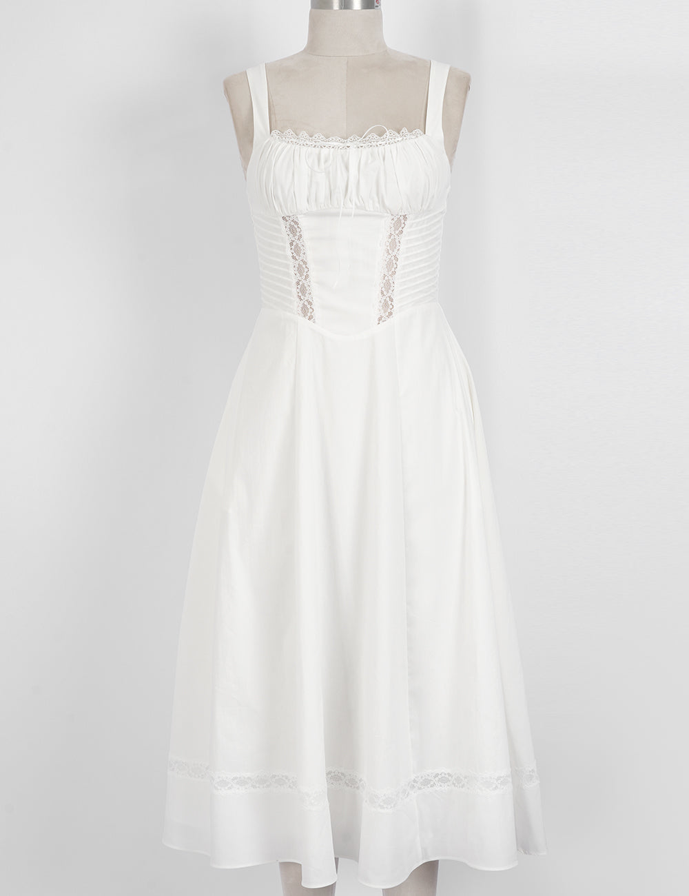 Ladies White Lace Trim Ruched Bust Midi Dress