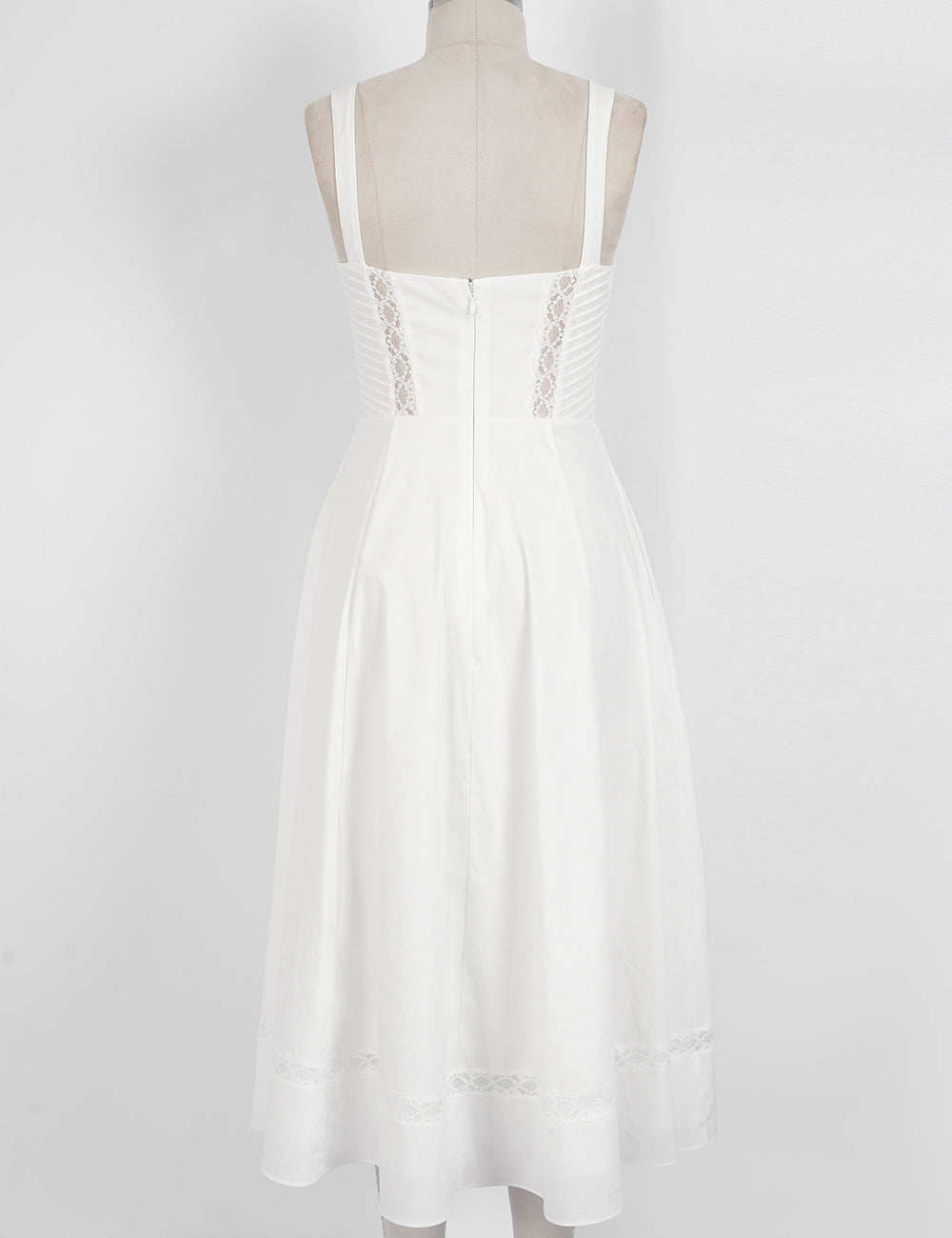 Ladies White Lace Trim Ruched Bust Midi Dress