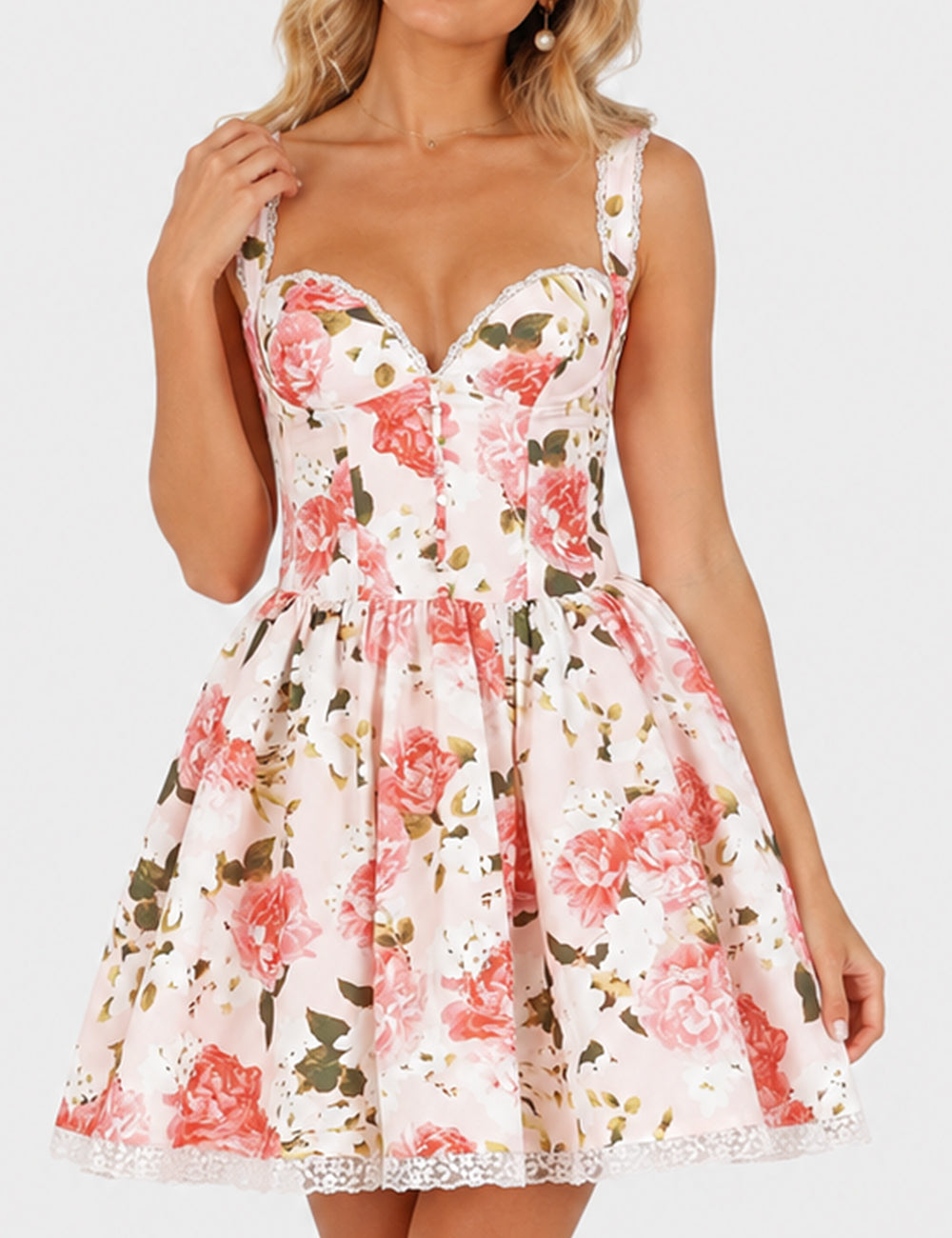 Ladies Lace Trim Floral Print Sweetheart Neck Mini Dress
