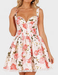 Ladies Lace Trim Floral Print Sweetheart Neck Mini Dress