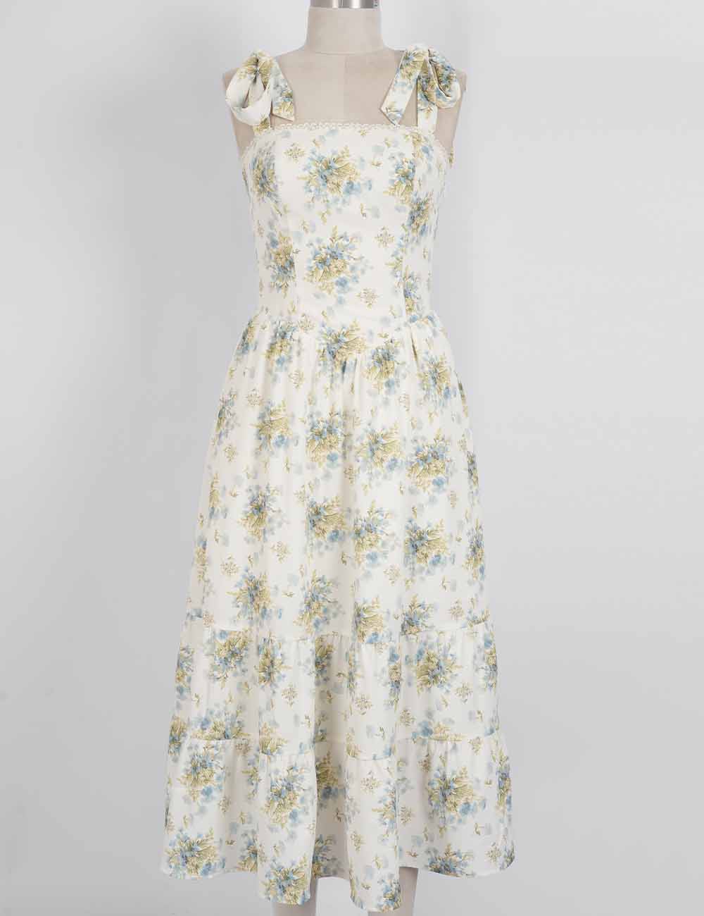Ladies Floral Print Tie Strap Lace Trim Square Neck Midi Dress
