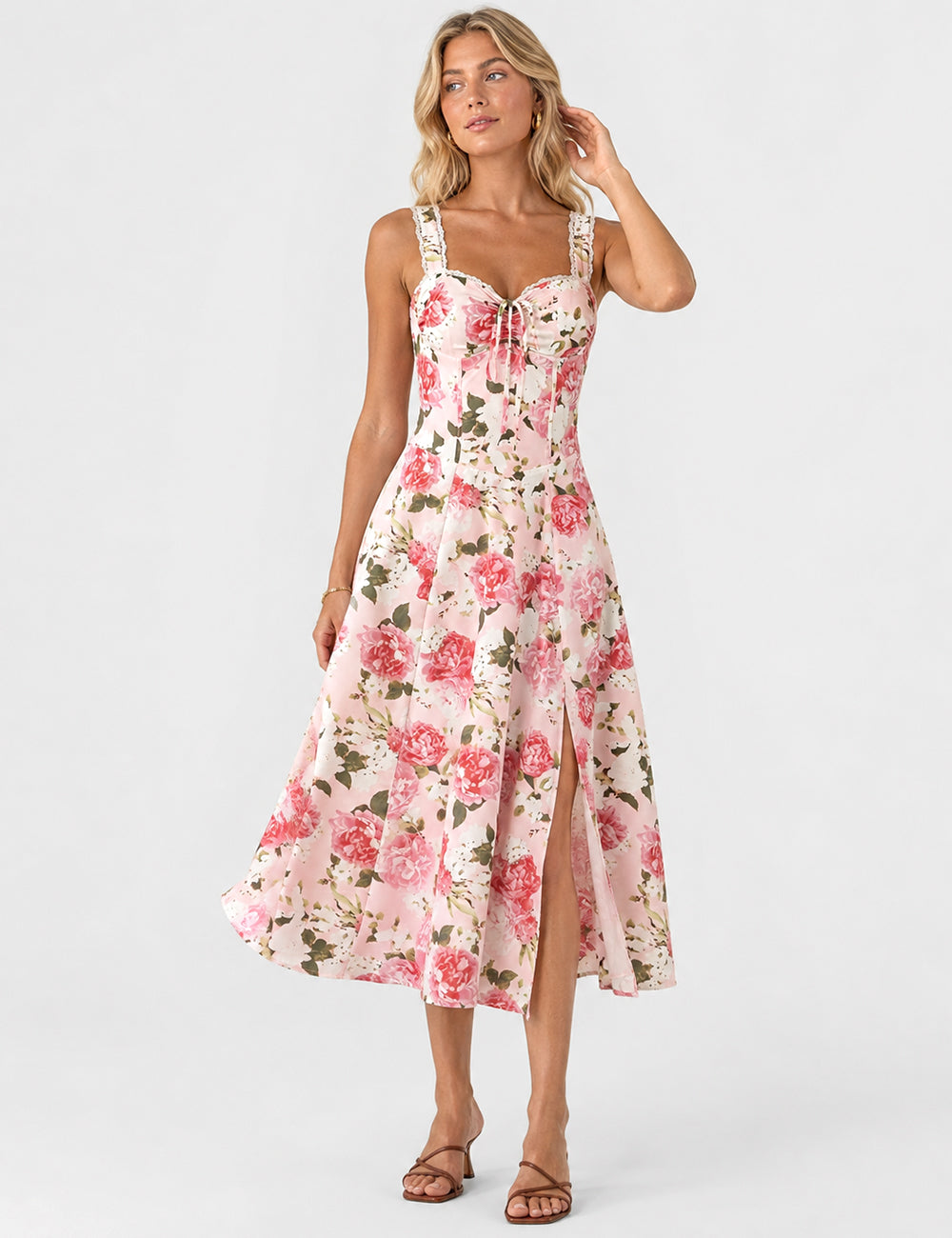 Ladies Elegant Floral Print Sweetheart Neck Midi Dress