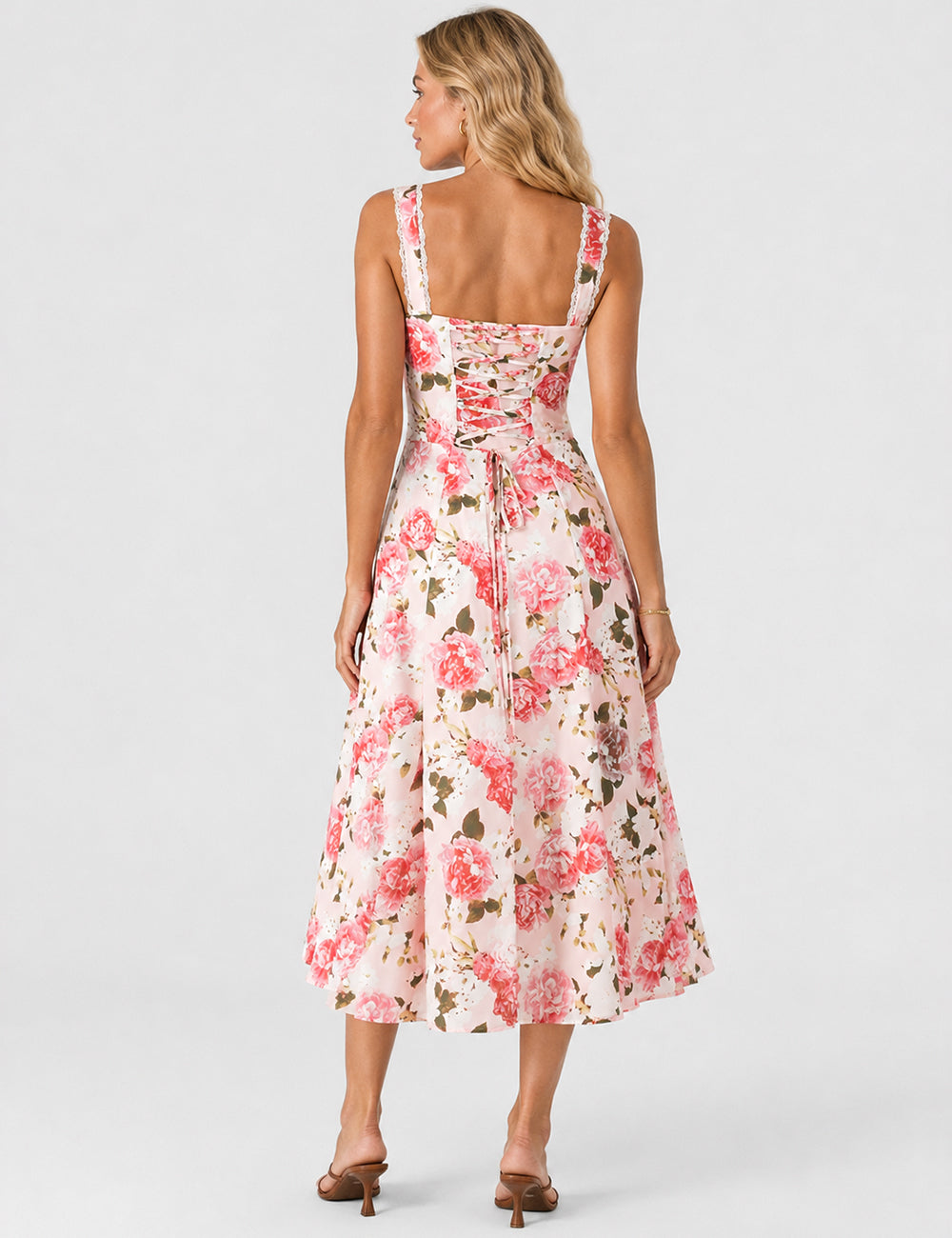 Ladies Elegant Floral Print Sweetheart Neck Midi Dress