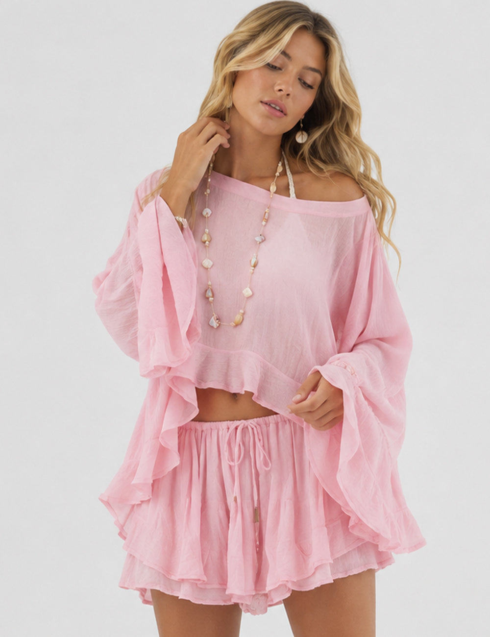 Ladies Chic Ruffle Sheer Chiffon Blouse & Skorts Set