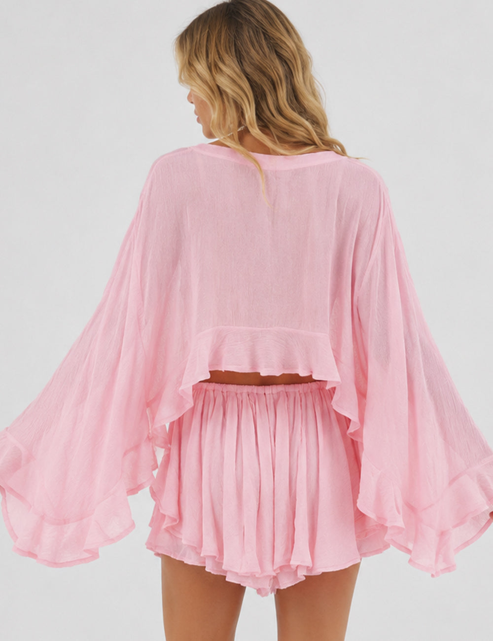 Ladies Chic Ruffle Sheer Chiffon Blouse & Skorts Set