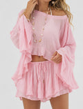 Ladies Chic Ruffle Sheer Chiffon Blouse & Skorts Set