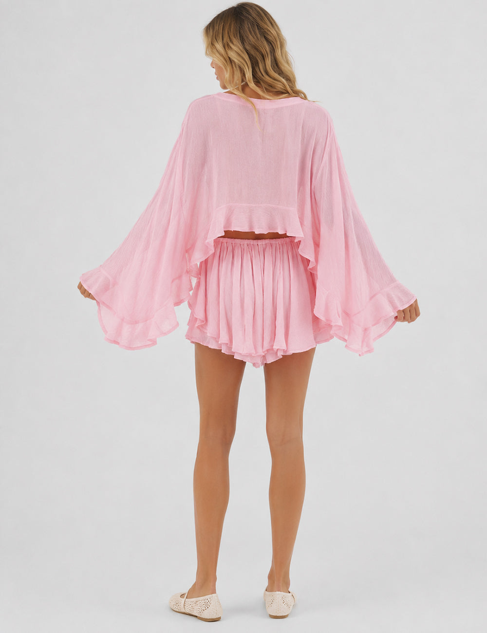 Ladies Chic Ruffle Sheer Chiffon Blouse & Skorts Set
