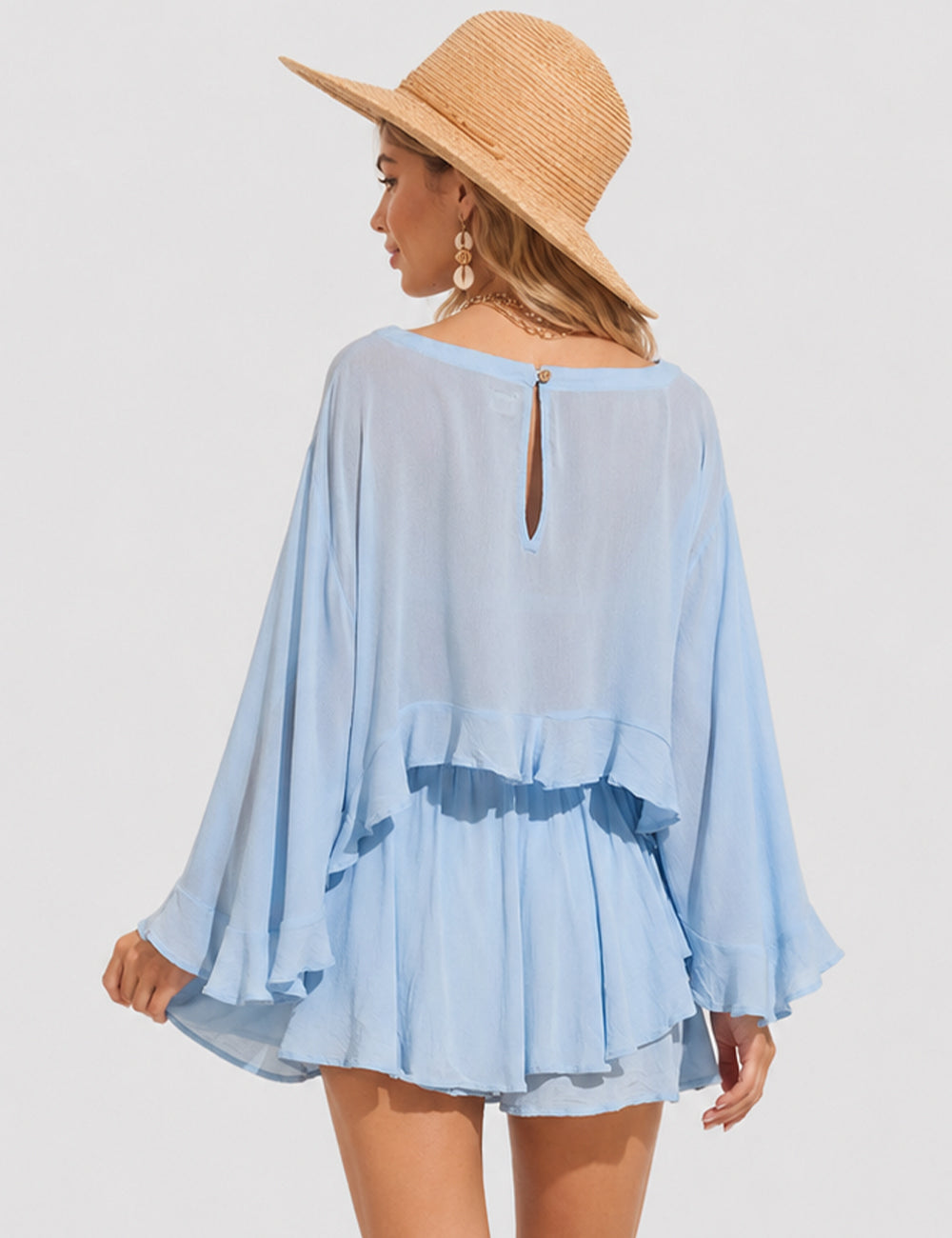 Ladies Chic Ruffle Sheer Chiffon Blouse & Skorts Set