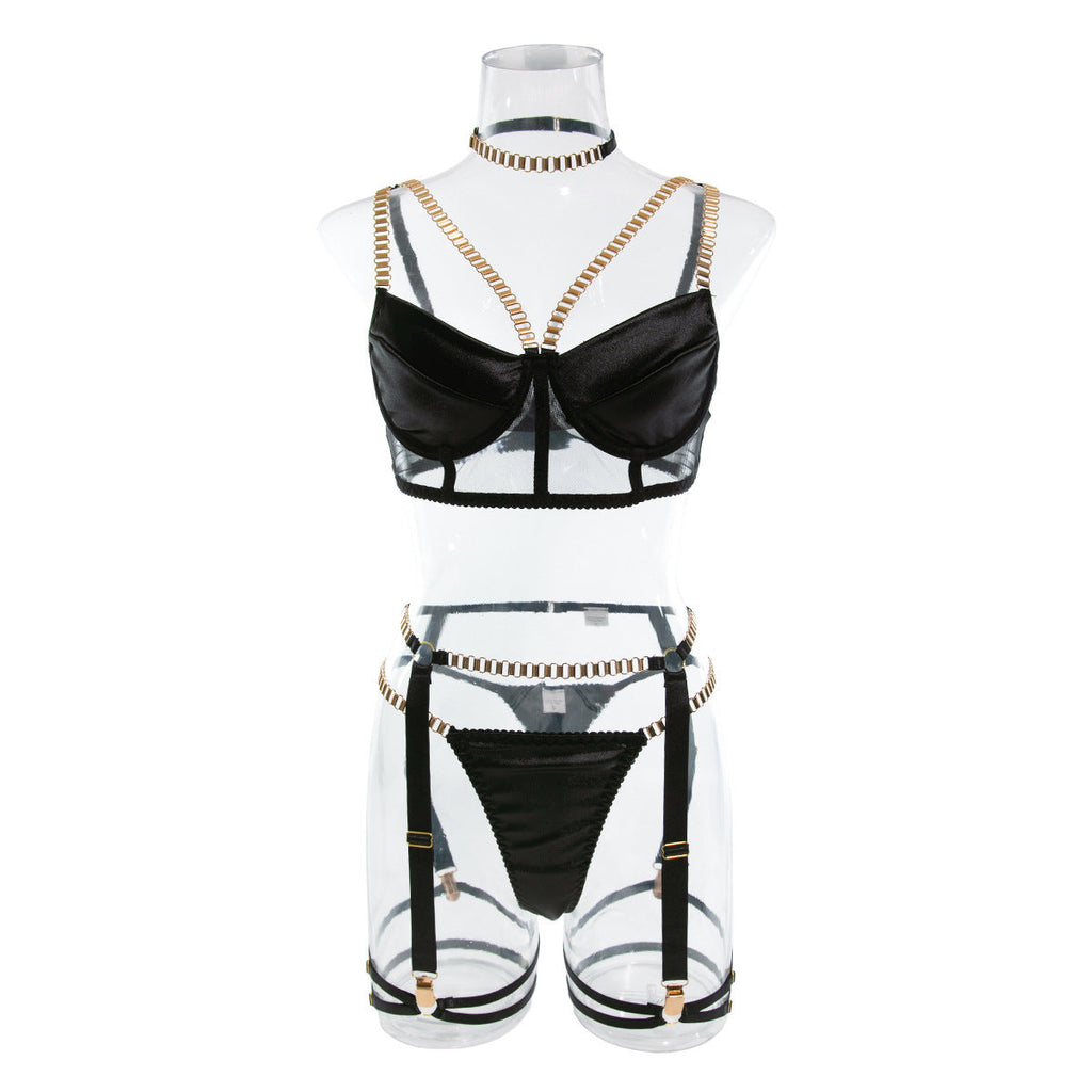 Ladies Golden Chain Solid Color 3PCS Lingerie Set SKLG4080