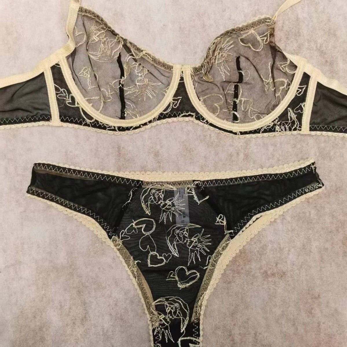 Ladies Color Block Heart Embroidery 2PCS Lingerie Set SKLG4076