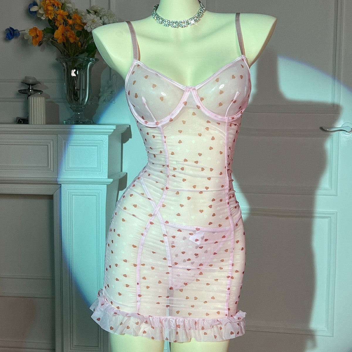 Ladies Heart Print See Through Lingerie Chemise Set SKLG4140