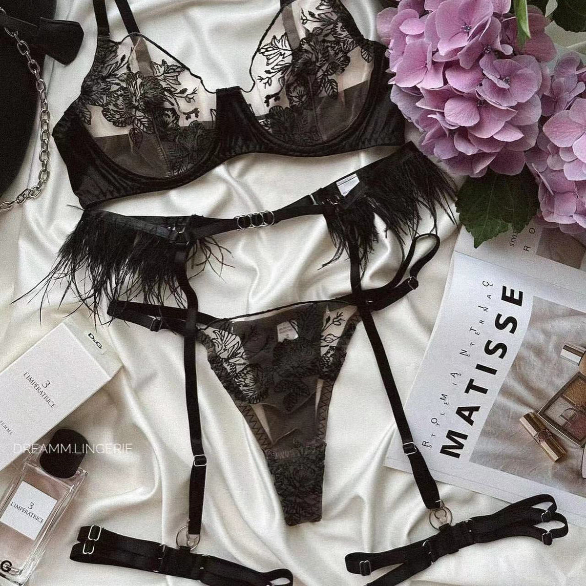 Ladies Color Block Floral Embroidery 3PCS Lingerie Set SKLG4103