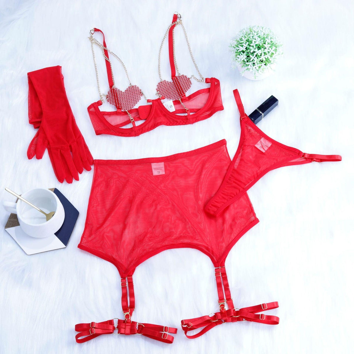 Ladies Heart Shaped Rhinestone 3PCS Lingerie Set SKLG4029