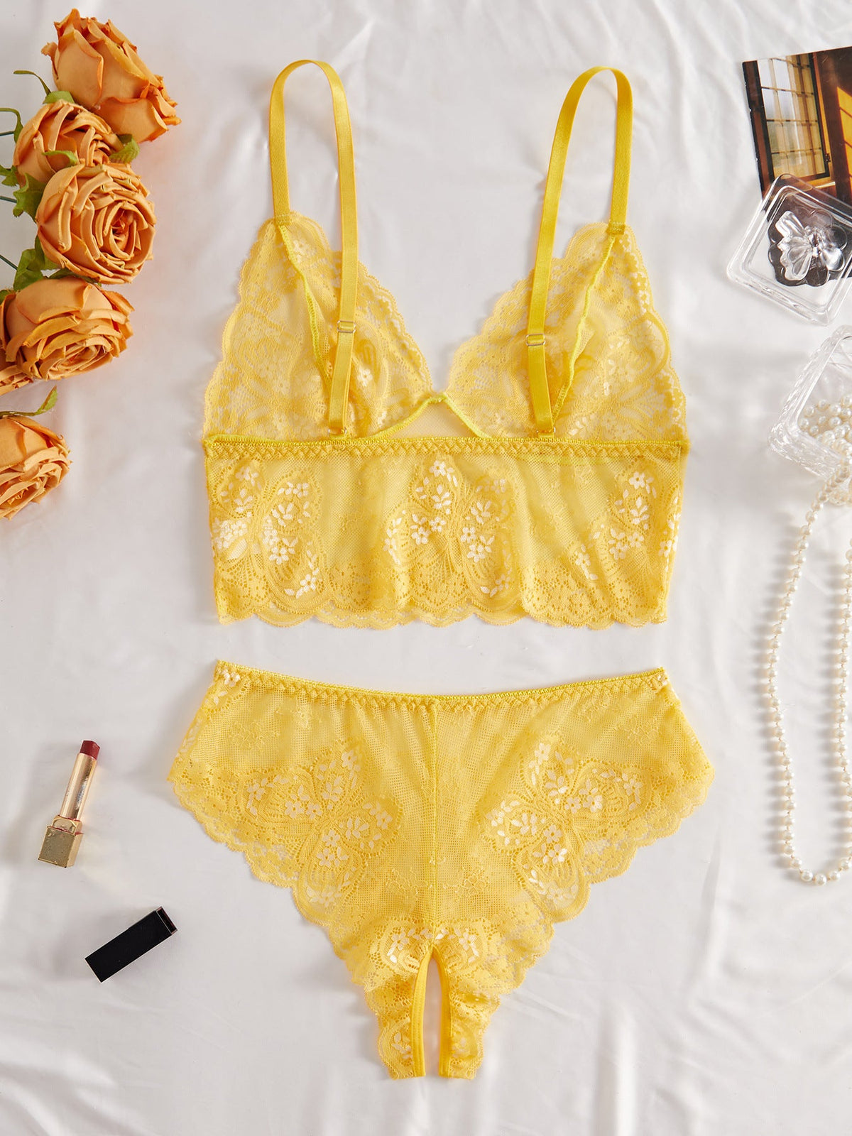 Ladies Floral Lace See Sheer 2PCS Lingerie Set SKLG4125