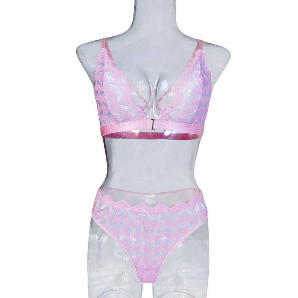 Ladies Color Block See Sheer Lace 2PCS Lingerie Set SKLG4041