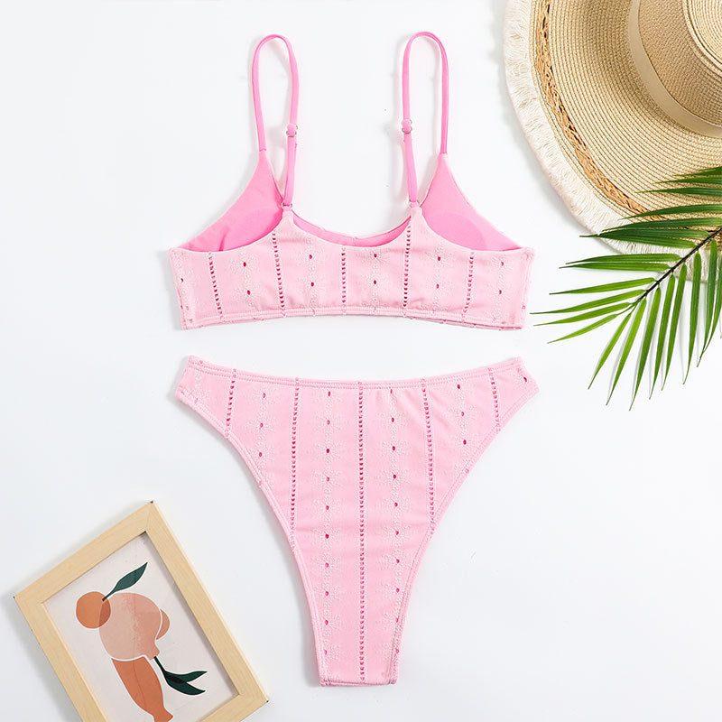 Ladies Eyelet Solid Color 2PCS Bikini Set SKSW40107