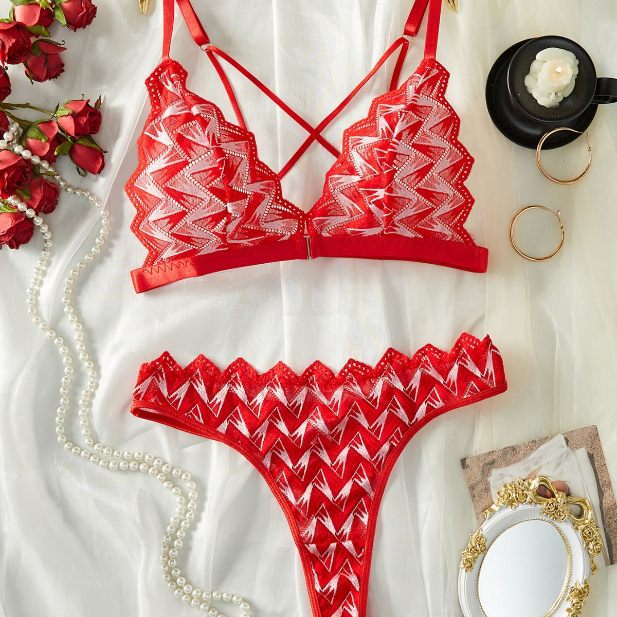 Ladies Color Block See Sheer Lace 2PCS Lingerie Set SKLG4041