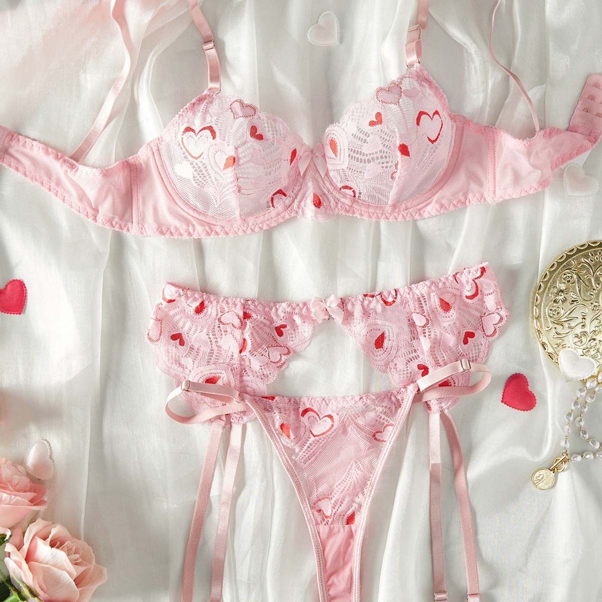 Ladies Valentine Heart Lace 3PCS Lingerie Set SKLG4047