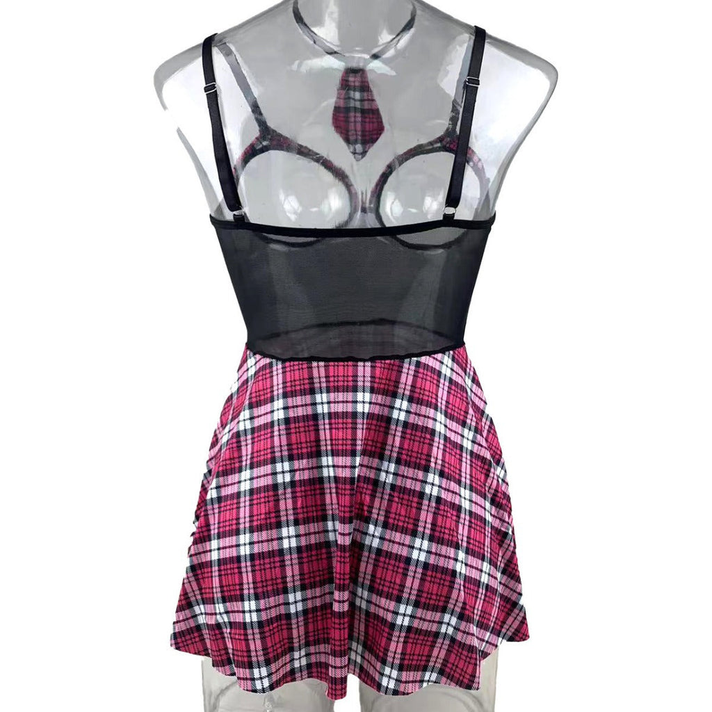Ladies Spicy Plaid Print 4PCS Costume Chemise Set SKLG4055
