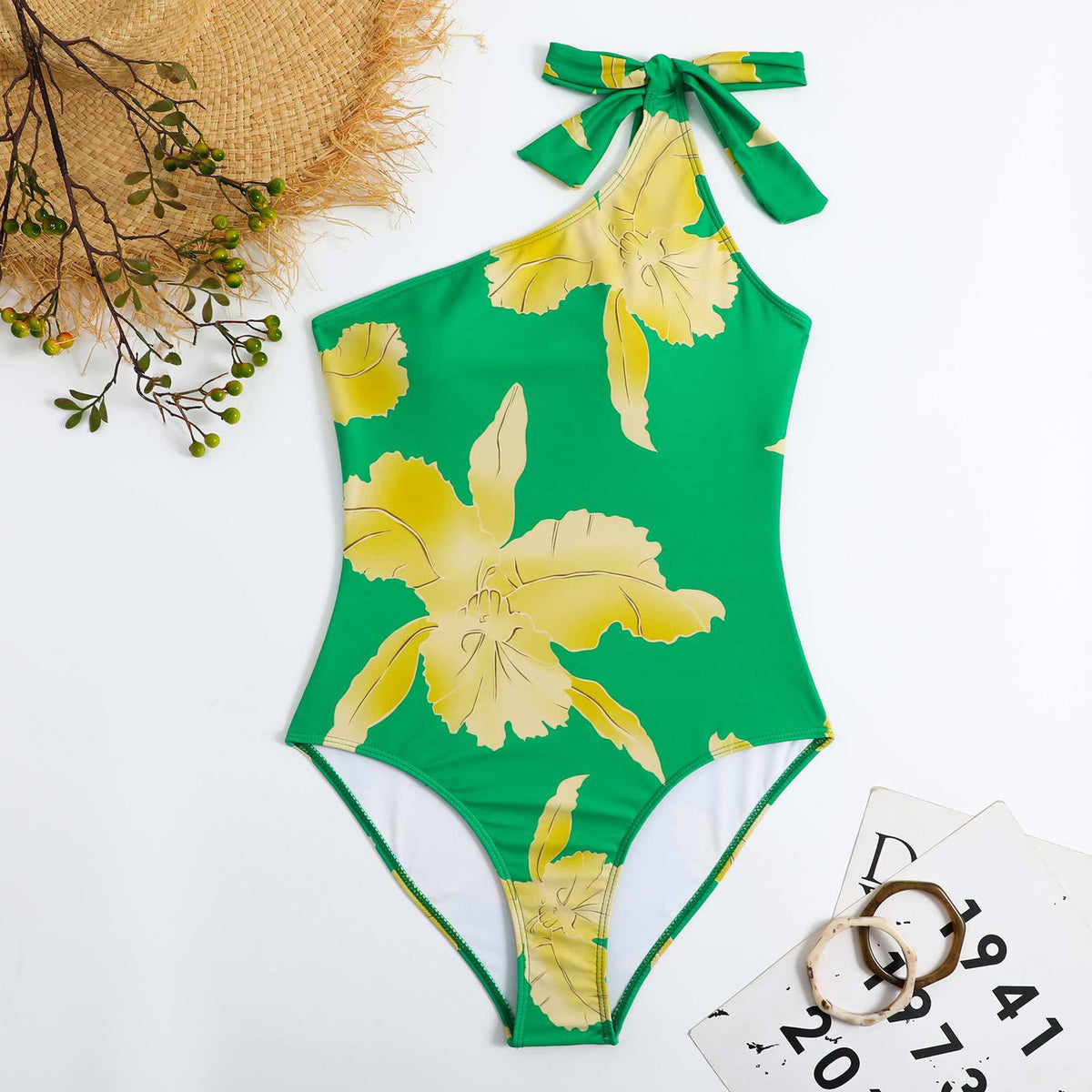 Floral Print One Shoulder One Piece with Cover SKSW40131