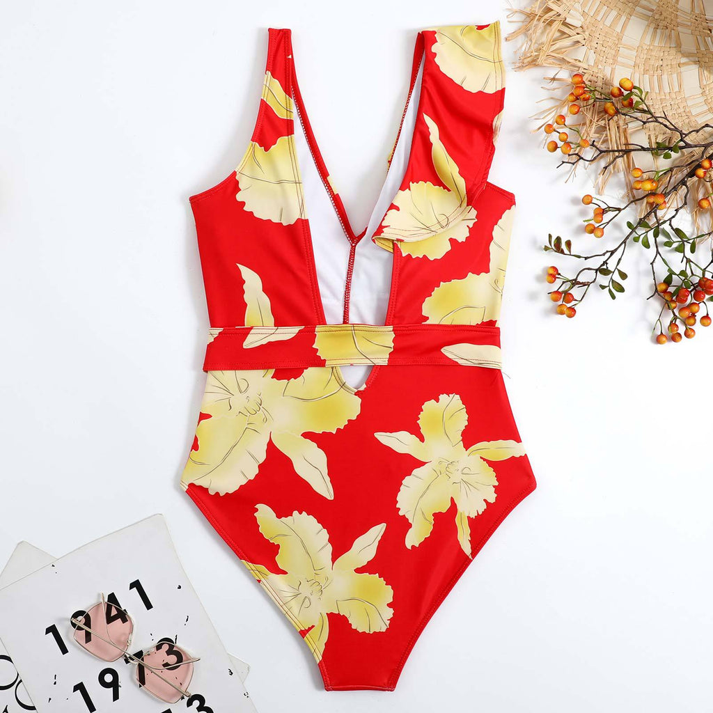 Ruffle Shoulder Waist Tie One Swimwear with Cover SKSW40129