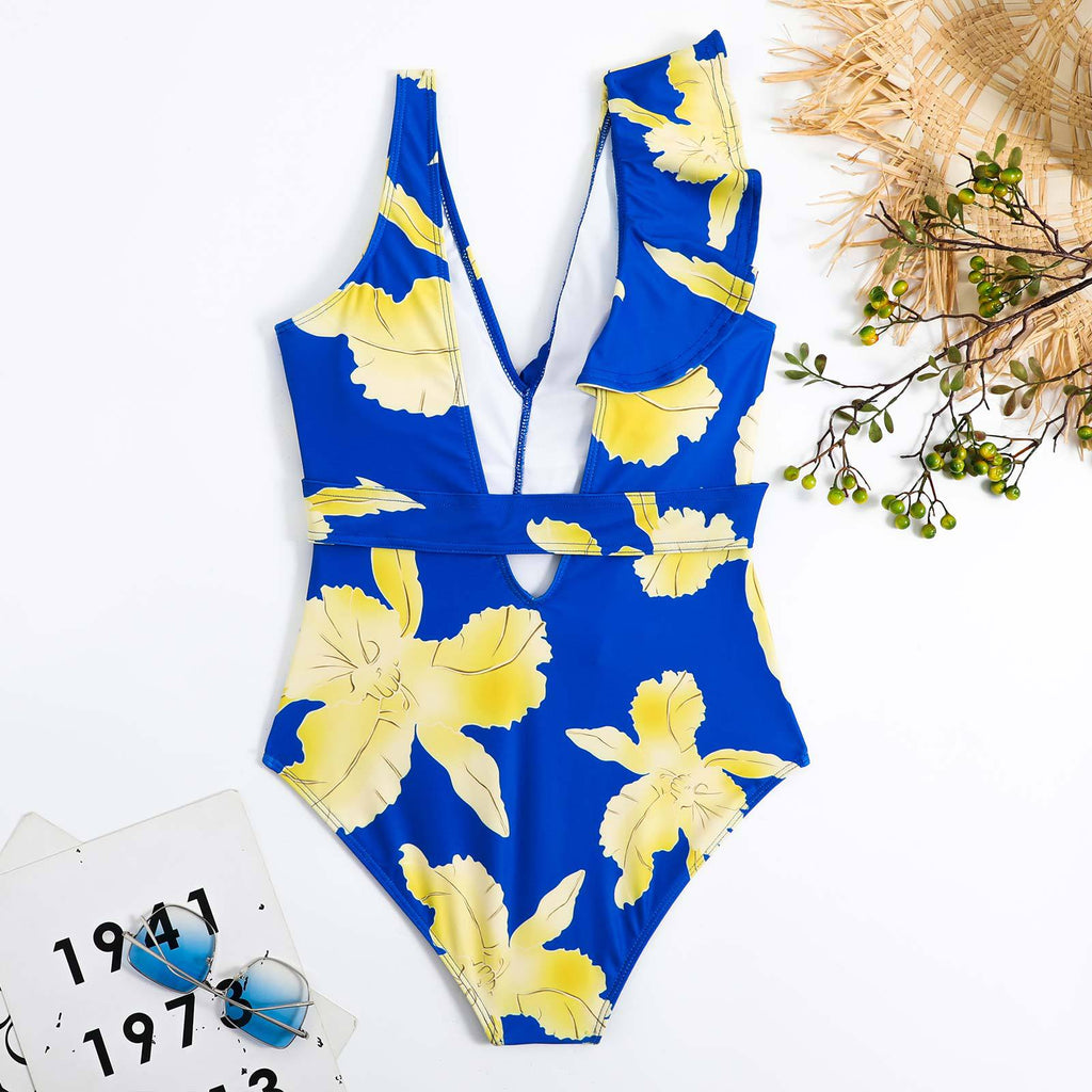 Ruffle Shoulder Waist Tie One Swimwear with Cover SKSW40129