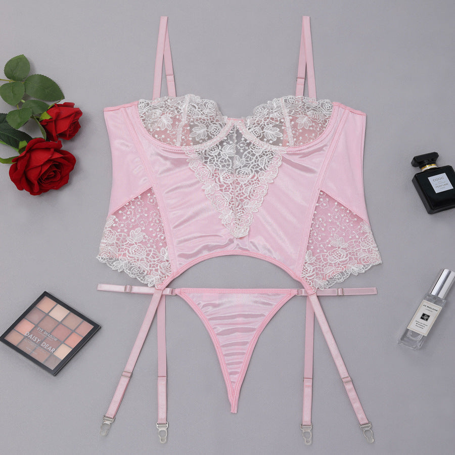 Ladies Floral Lace Velvet Lingerie Corset with Thong SKLG4094