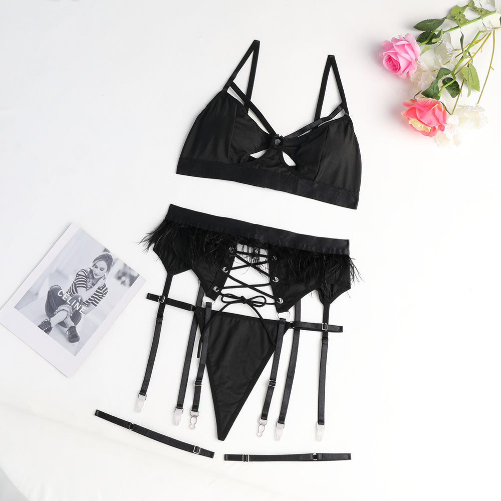 Ladies Solid Color Feather 3PCS Lingerie Set SKLG4098