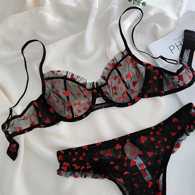 Ladies Heart Embroidery See Through 2PCS Lingerie Set SKLG4065