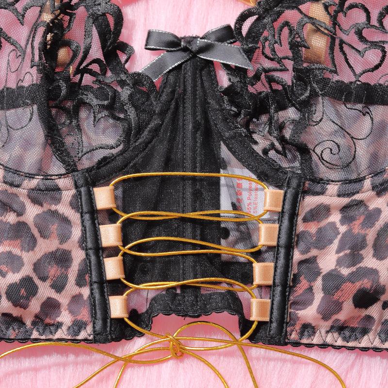 Ladies Leopard and Heart Lace Corset 3PCS Lingerie Set SKLG4025