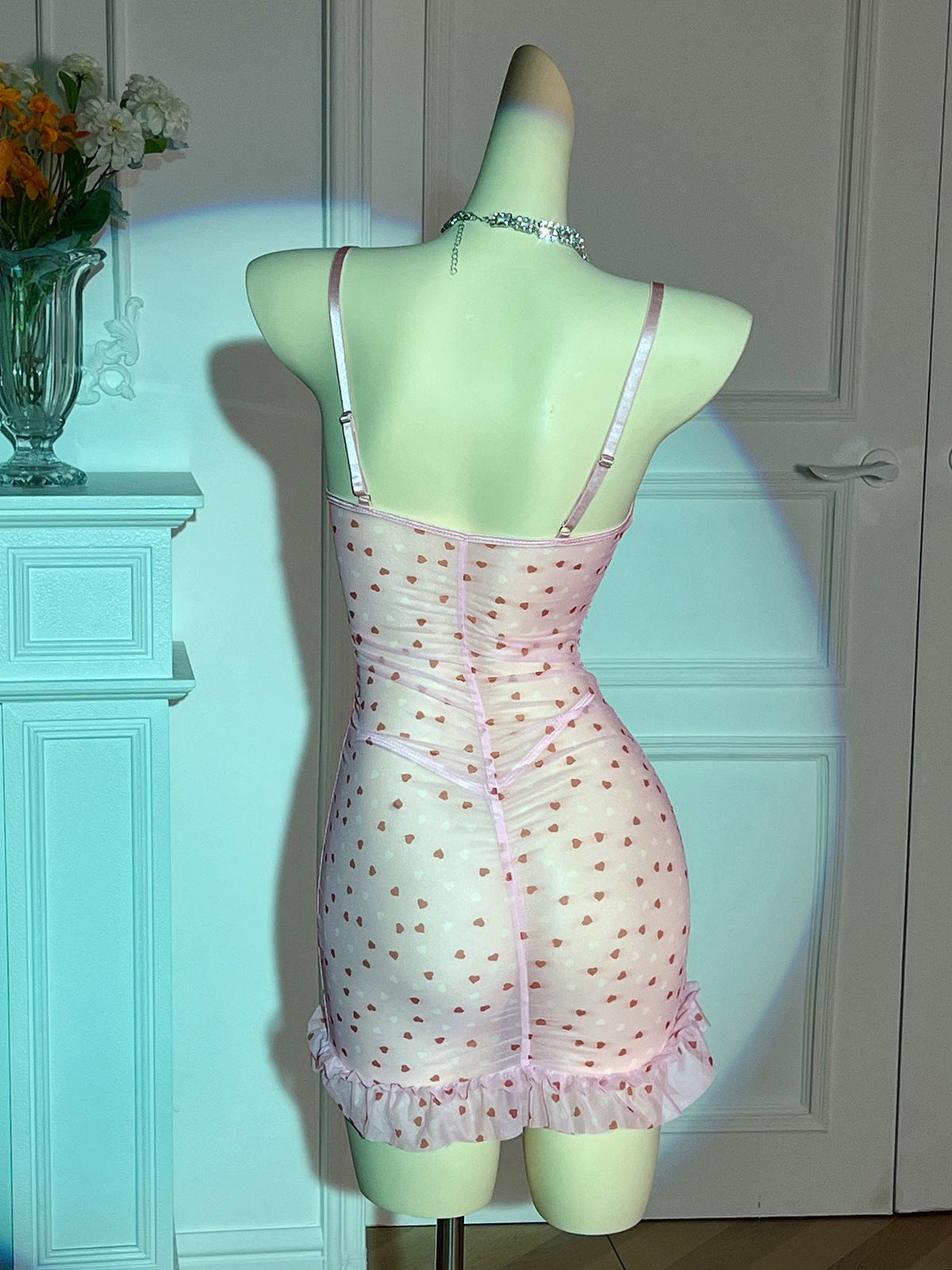 Ladies Heart Print See Through Lingerie Chemise Set SKLG4140