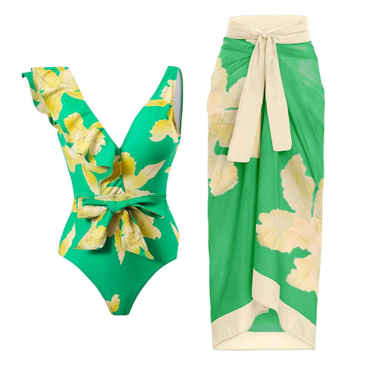 Ruffle Shoulder Waist Tie One Swimwear with Cover SKSW40129
