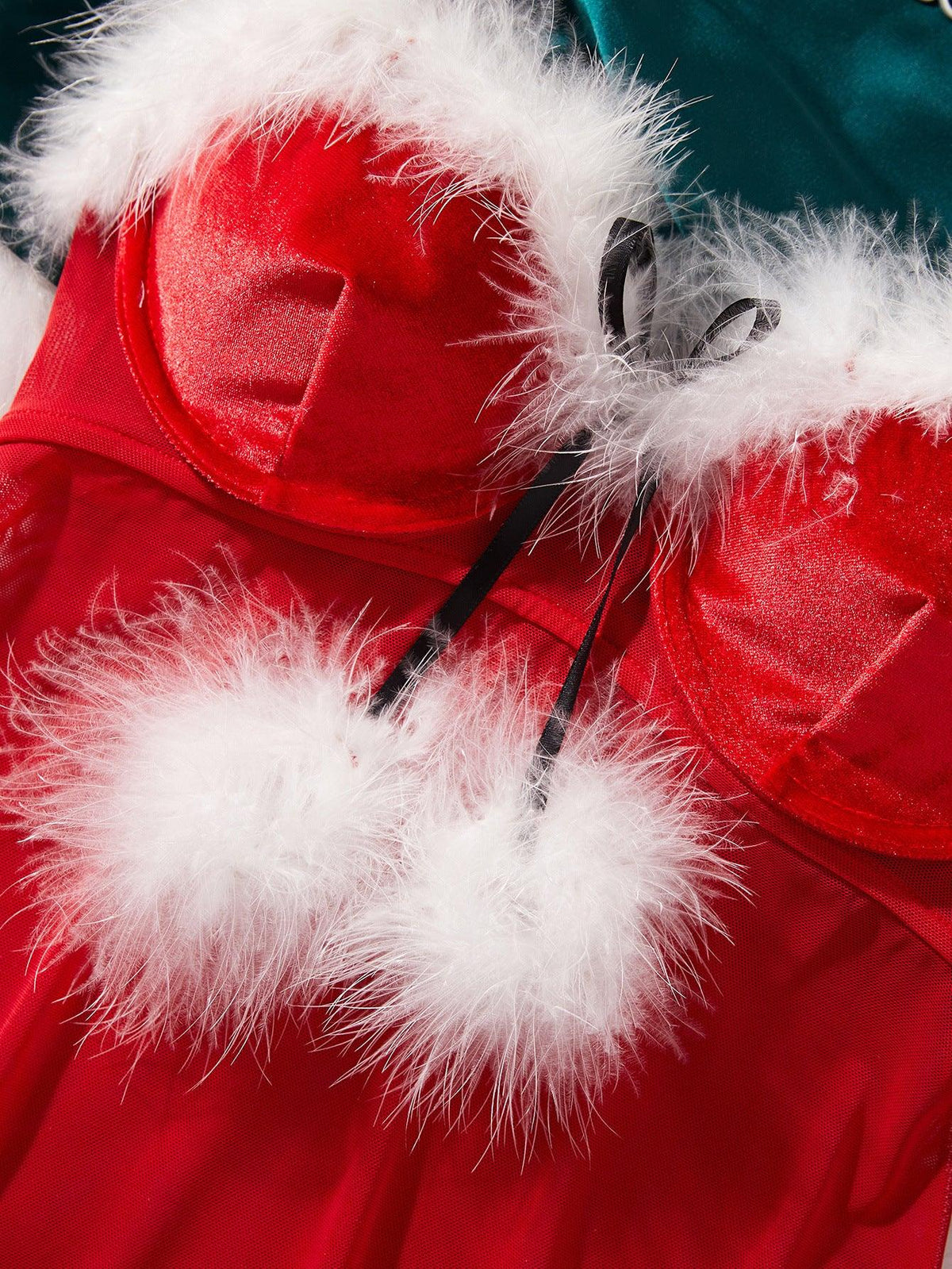 Ladies Merry Christmas Red Velvet White Fluffy Chemise Set SKLG4009
