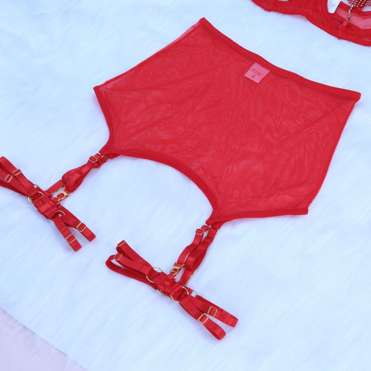 Ladies Heart Shaped Rhinestone 3PCS Lingerie Set SKLG4029