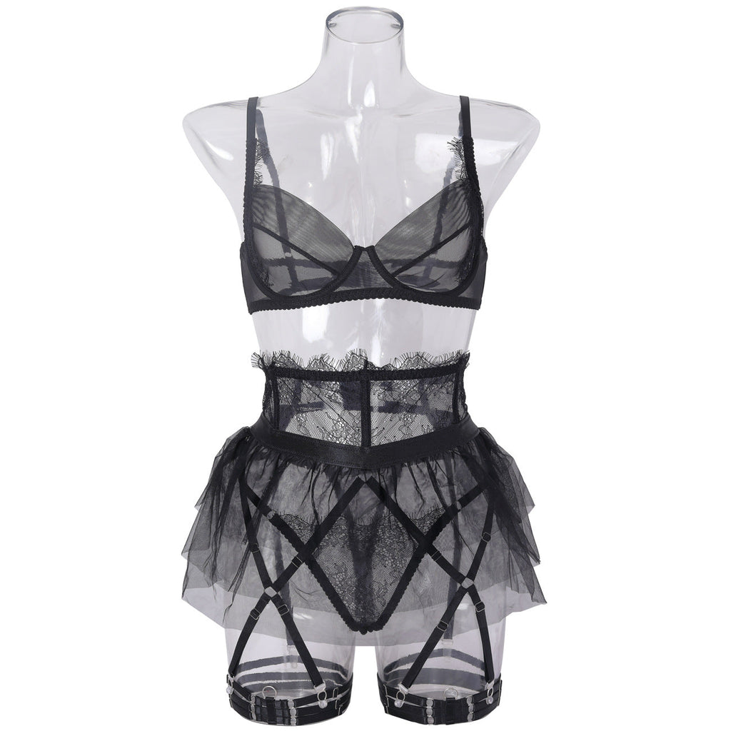 Ladies Solid Color Skirt Garter Belt 3PCS Lingerie Set SKLG4081