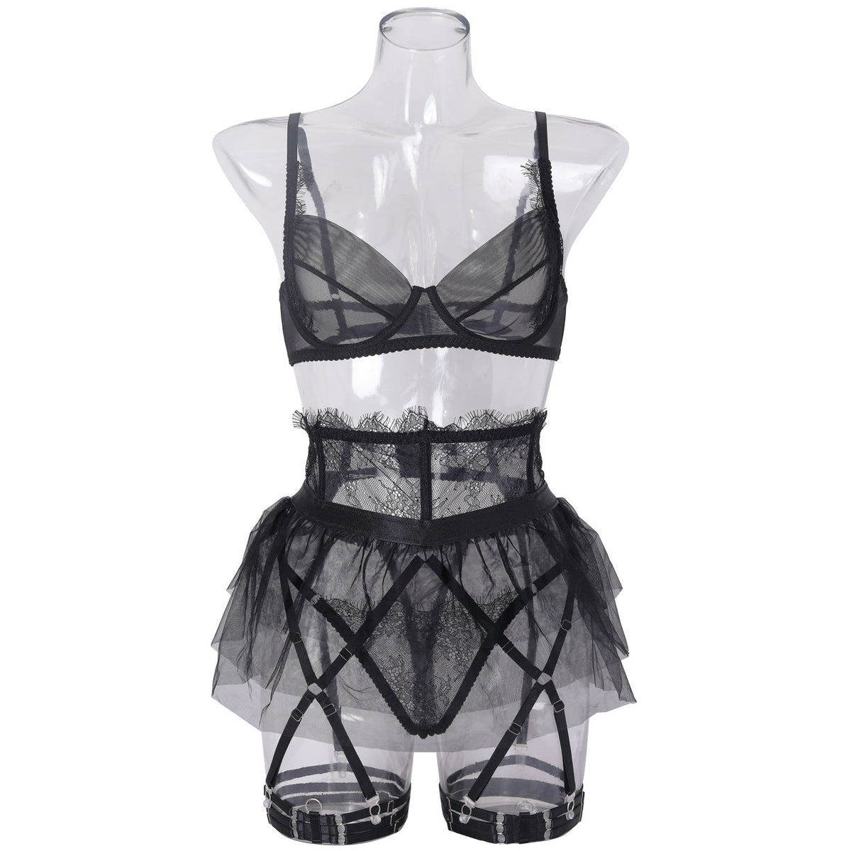 Ladies Solid Color Skirt Garter Belt 3PCS Lingerie Set SKLG4081