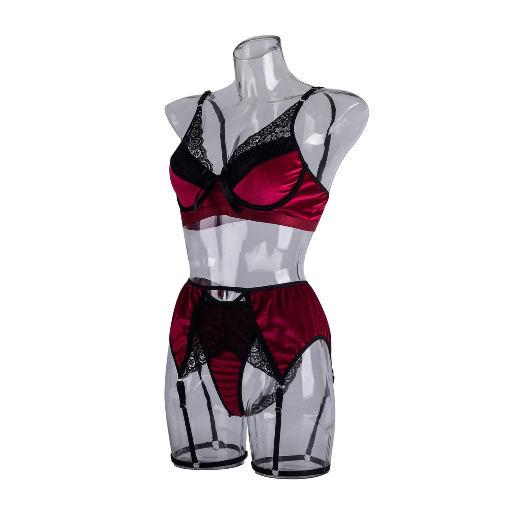 Ladies Floral Lace Velvert 3PCS Lingerie Set SKLG4088