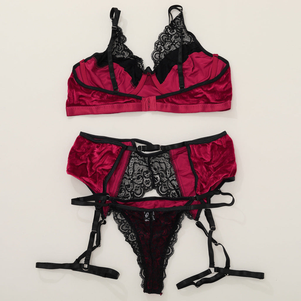 Ladies Floral Lace Velvert 3PCS Lingerie Set SKLG4088