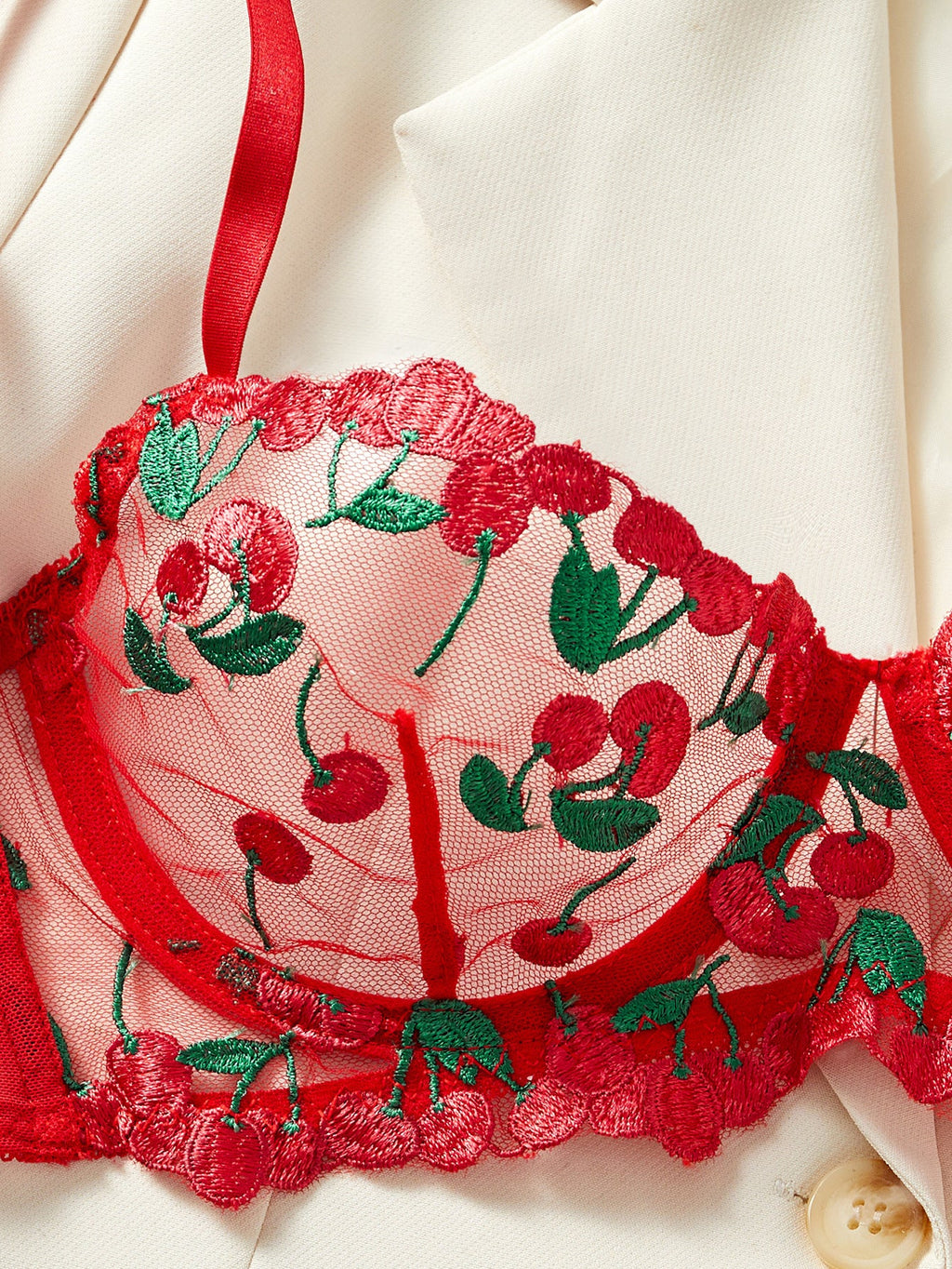 Ladies Cherry Embroidery 2PCS Lingerie Set SKLG4136