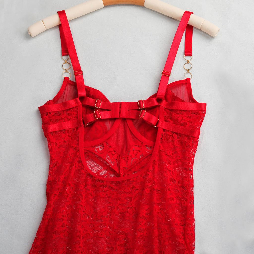 Ladies Floral Lace Side Split Lingerie Chemise Set SKLG4093