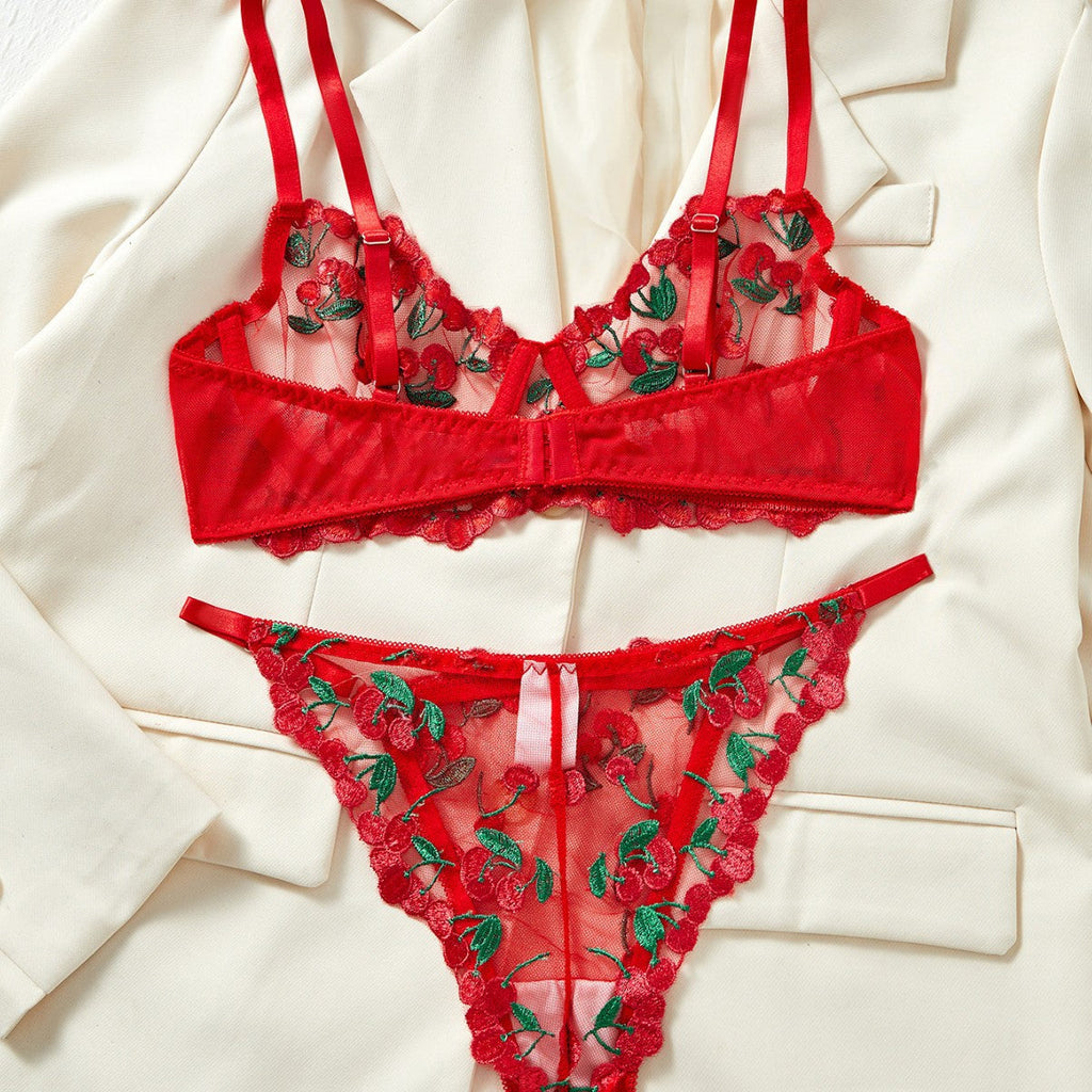 Ladies Cherry Embroidery 2PCS Lingerie Set SKLG4136