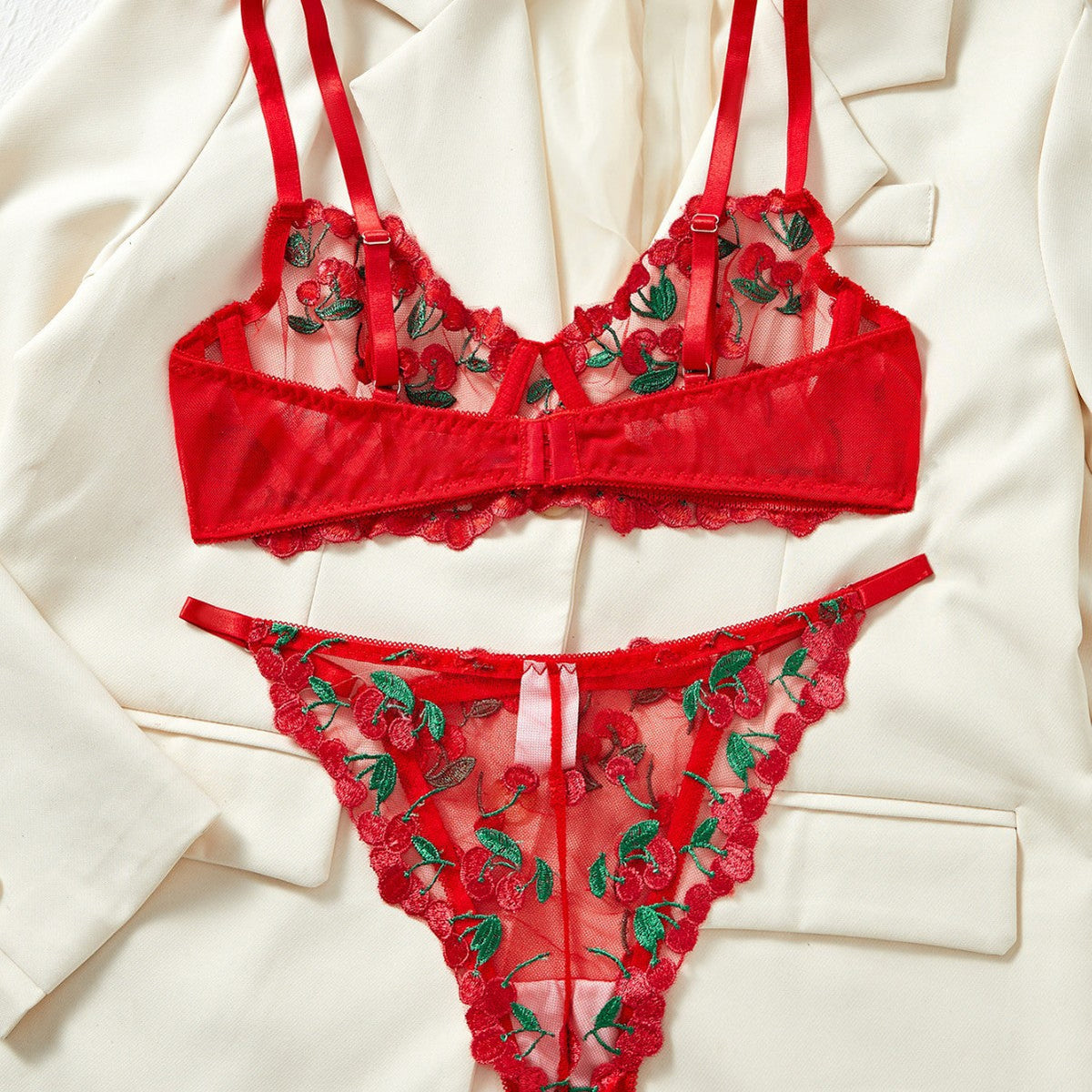 Ladies Cherry Embroidery 2PCS Lingerie Set SKLG4136