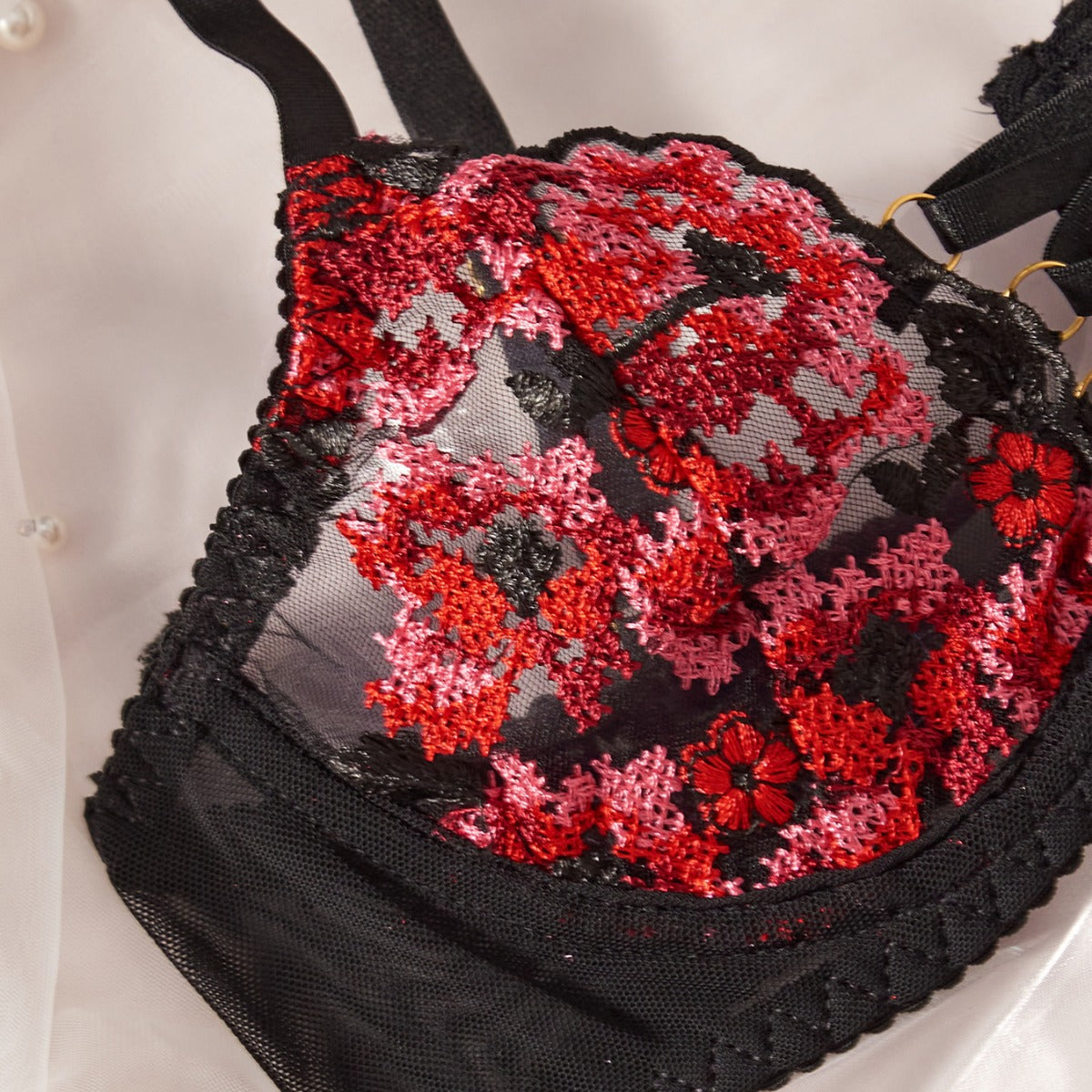 Ladies Floral Color Block Embroidery 3PCS Lingerie Set SKLG4120