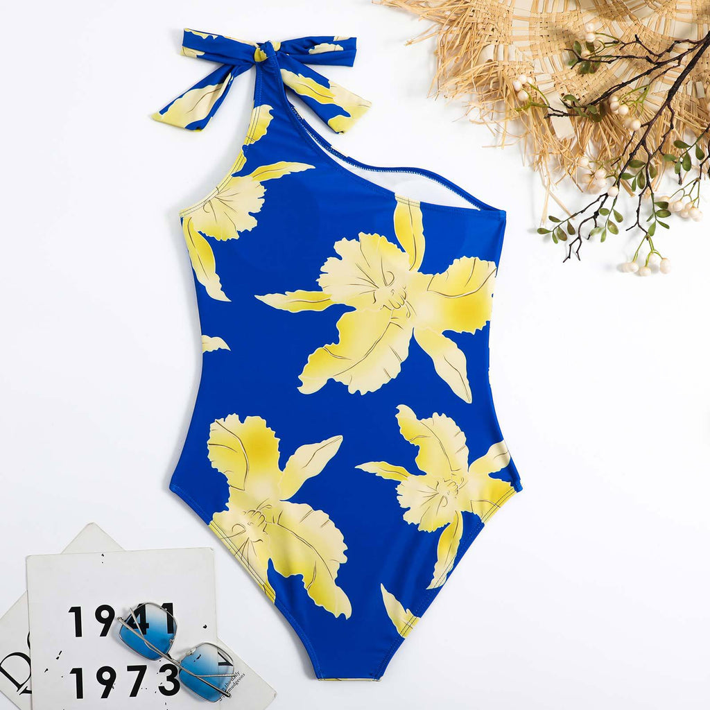 Floral Print One Shoulder One Piece with Cover SKSW40131
