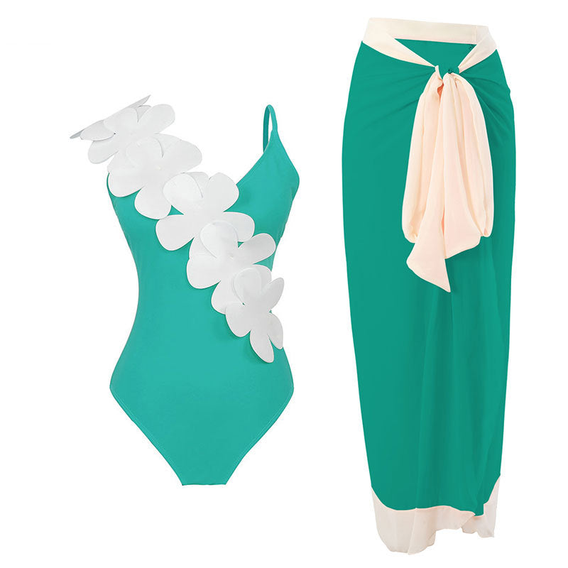 Flower Shoulder One Piece Swimwear 2PCS Set SKSW40141