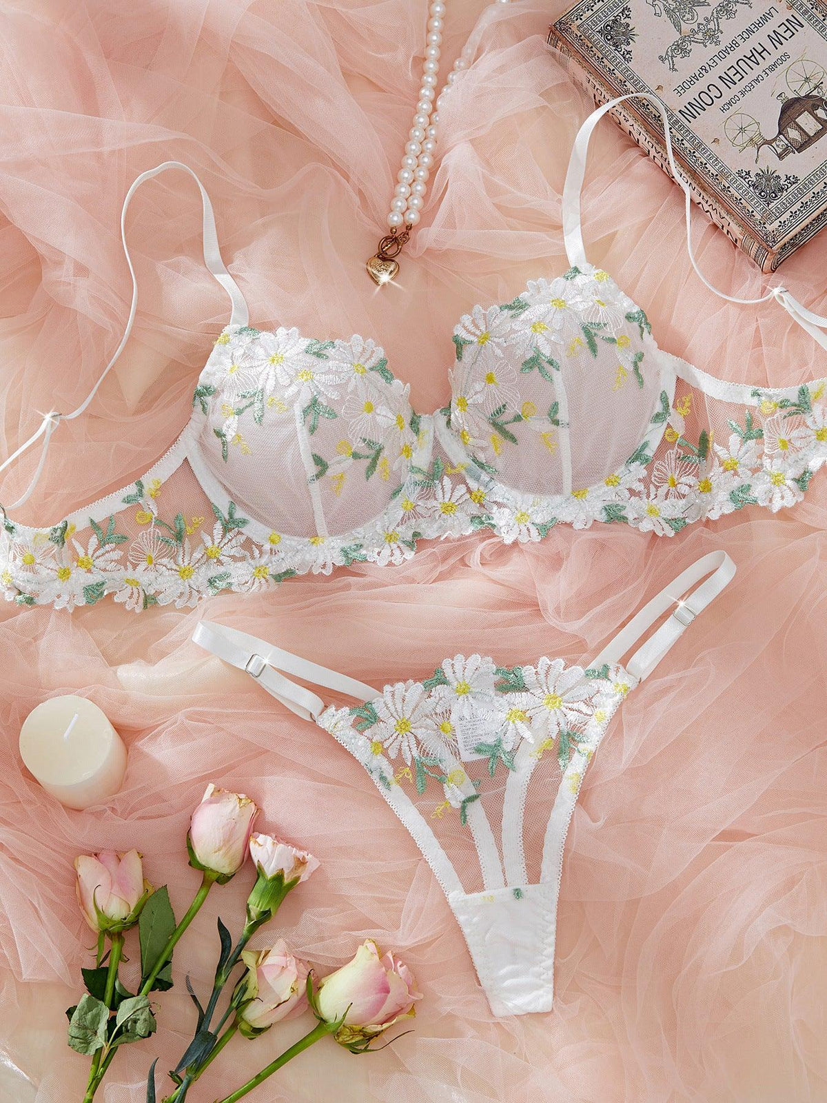 Ladies Embroidery Daisy Bra Thong 2PCS Lingerie Set SKLG4001