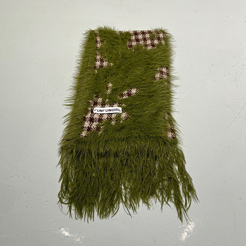 Ladies Faux Mink Color Block Tassels Scarf SKAS4193