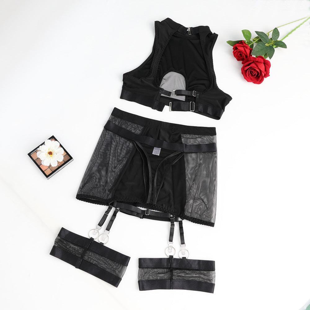 Ladies Solid Color Mesh Sexy 4PCS Lingerie Set SKLG4027