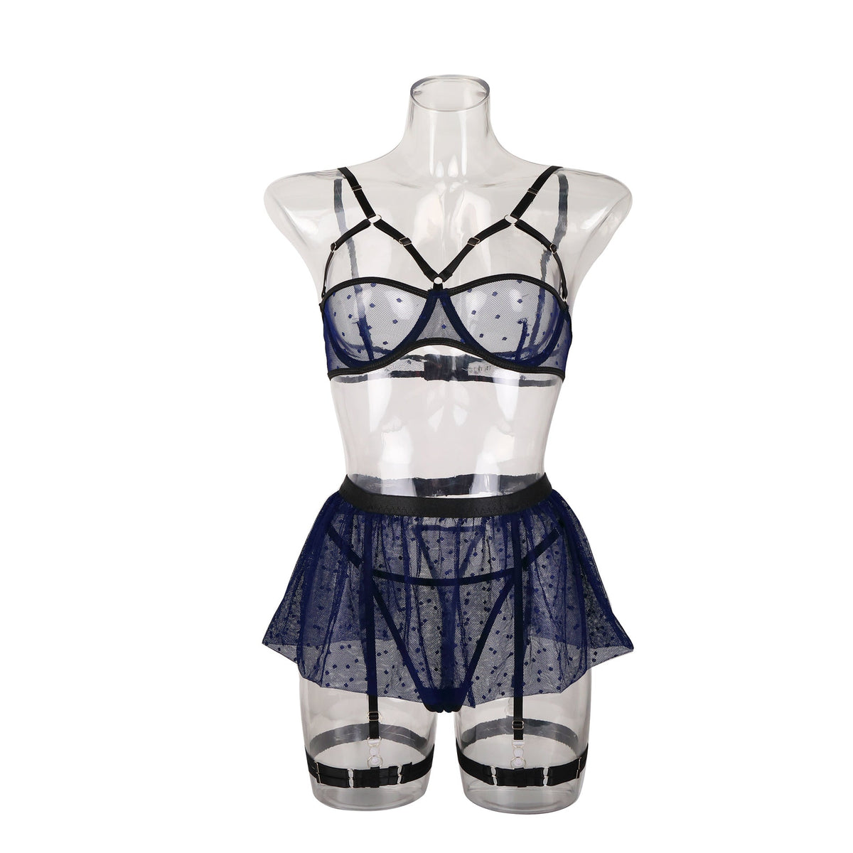 Ladies Half Cup Polka Dot Mesh 4PCS Lingerie Set SKLG4091